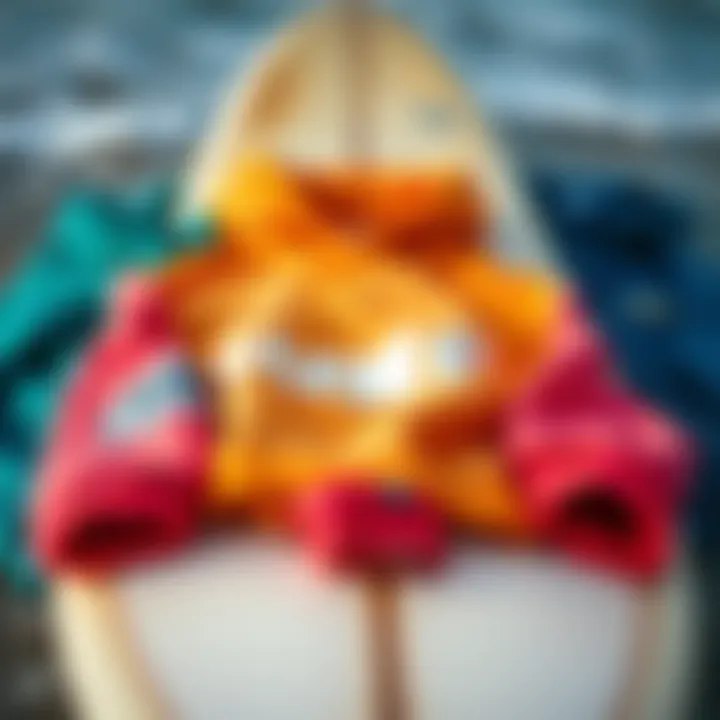 Diverse Collection of Surf Sweatshirts A vibrant assortment of surf brand sweatshirts draped over a surfboard.