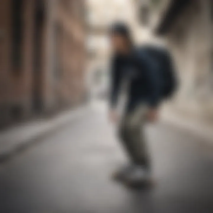 Skateboarder wearing the adidas Originals National 2.0 Backpack in an urban setting.