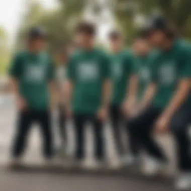 Community gathering of skateboarders wearing forest green graphic tees