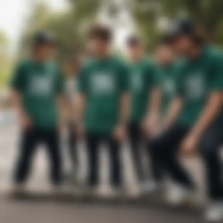 Community gathering of skateboarders wearing forest green graphic tees