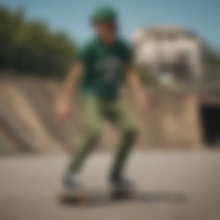 Historical evolution of skate fashion featuring forest green tees