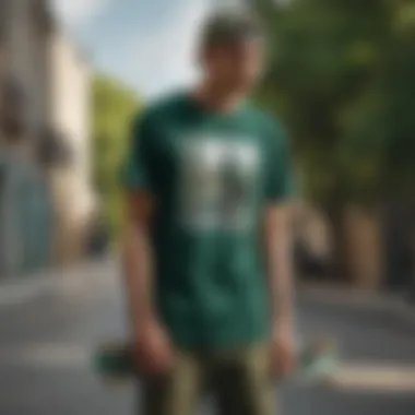 Skateboarder wearing a forest green graphic tee in an urban setting