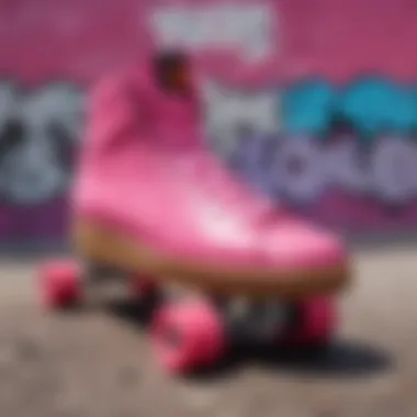 A vibrant pink skate top showcased against a graffiti wall.