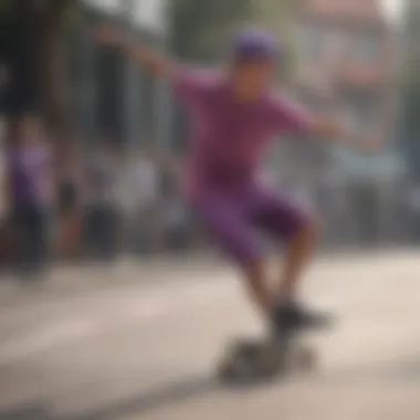 A skater performing tricks in a purple top, highlighting style in action.