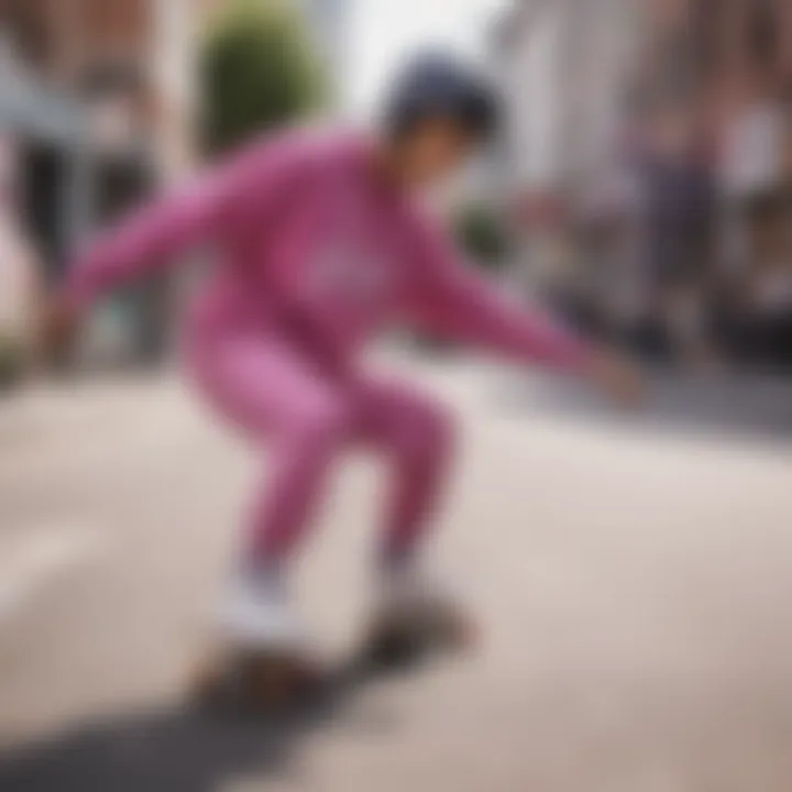 An urban skate scene featuring diverse skaters in pink and purple attire.