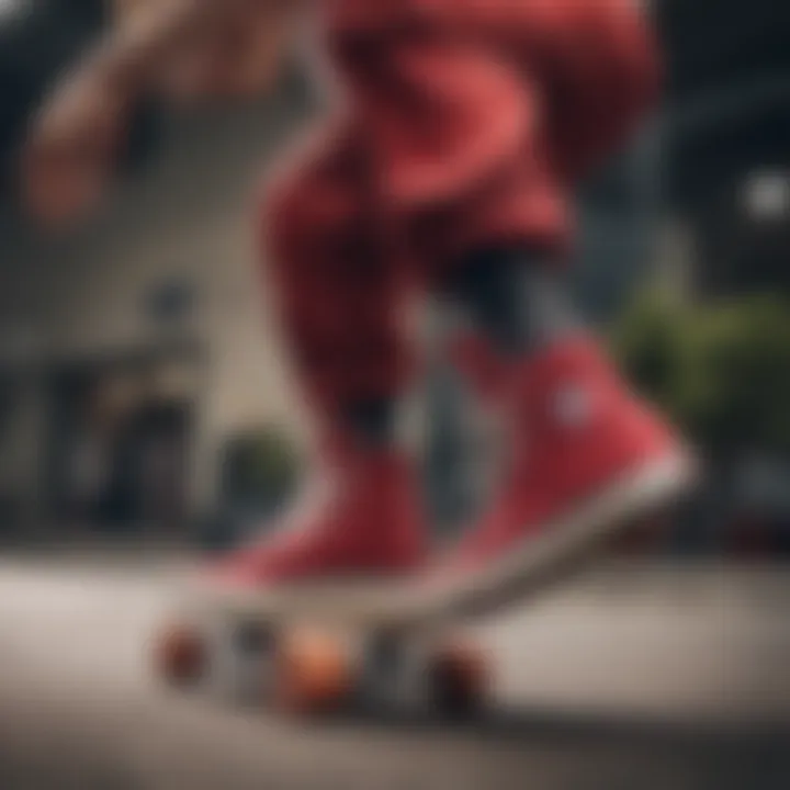 Skateboarder performing a trick while wearing all-red hi-top Vans