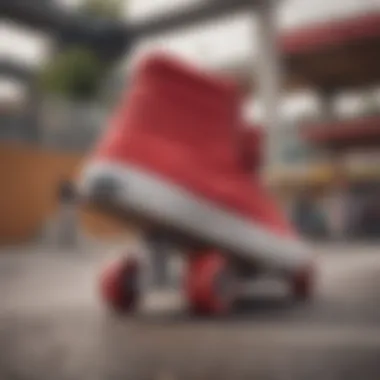 Vibrant all-red hi-top Vans showcased against a skate park backdrop