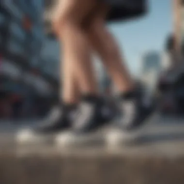 A pair of black Extra High Platform Converse positioned against an urban backdrop