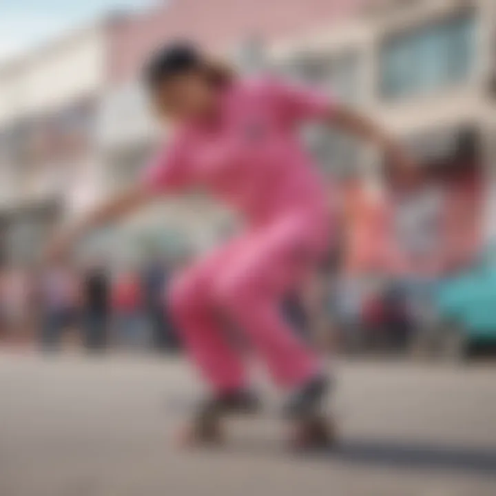 Artistic representation of the cultural significance of pink Dickies in skate culture