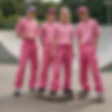 Group of skaters gathered at a skate park, all donning pink Dickies