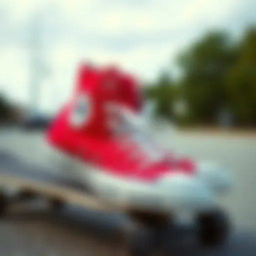 Vibrant Red Converse shoes placed on a skateboard