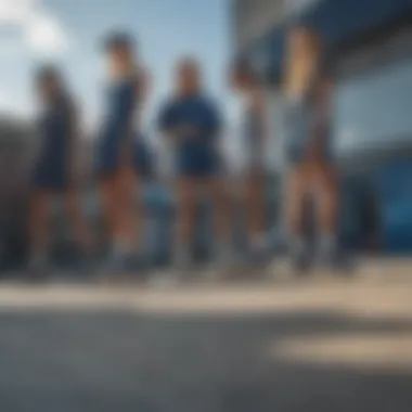 Group of skaters showcasing their Vans Dress Blue footwear in an urban setting.