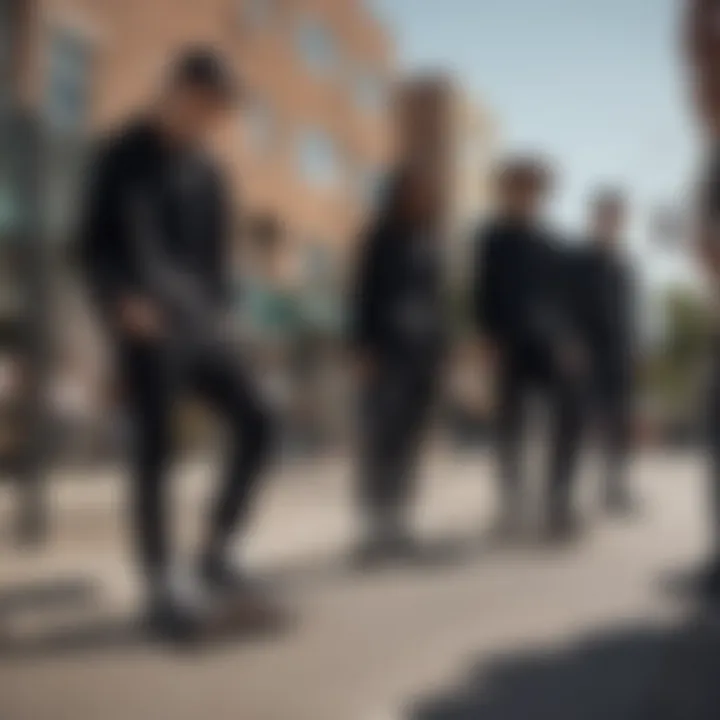 Group of skaters gathered in an urban setting, all wearing black on black Vans