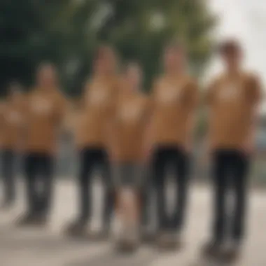 Group of skateboarders showcasing their brown Vans shirts at a skate park.