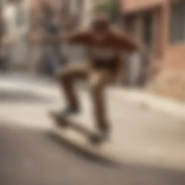 Skateboarder wearing a brown Vans shirt while performing a trick in an urban environment.