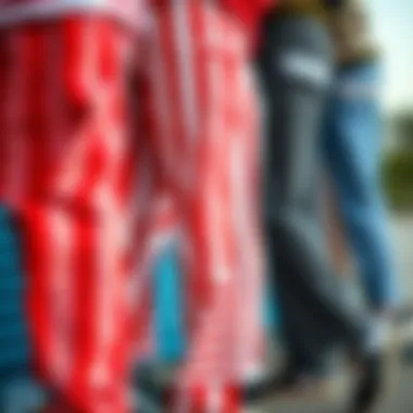 Different styles of red and white striped pants displayed together