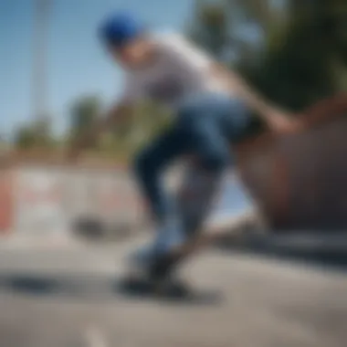 Skateboarder performing tricks while wearing royal blue platform Converse