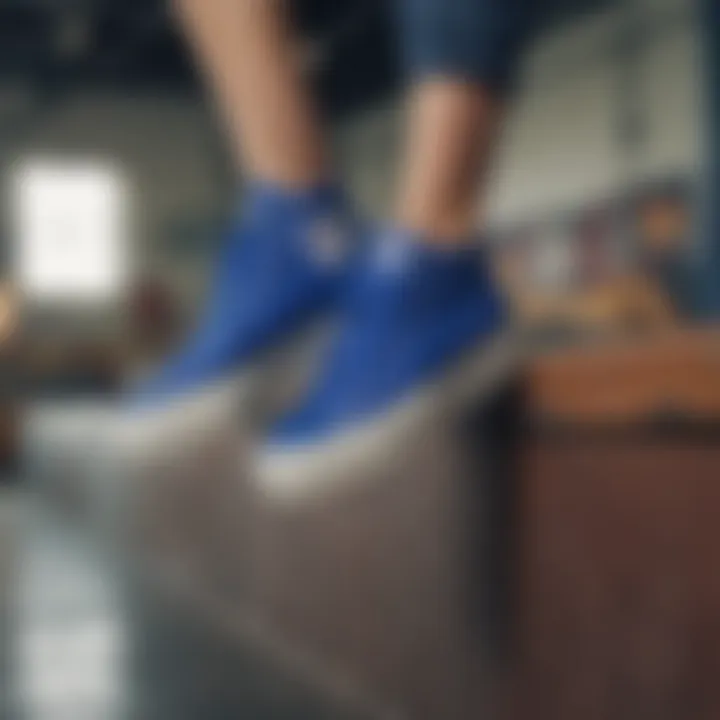 Fashion-forward skater pairing royal blue platform Converse with trendy streetwear