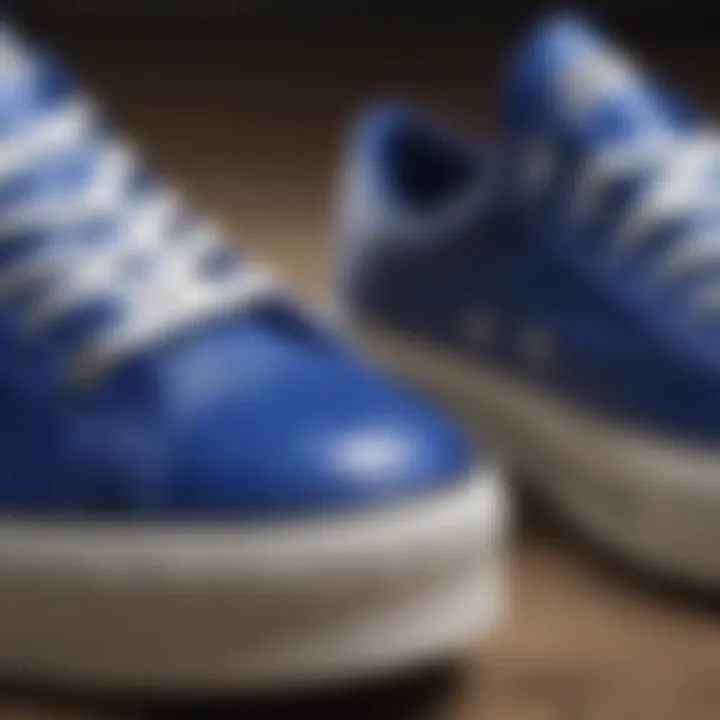 Close-up of the texture and design of royal blue platform Converse