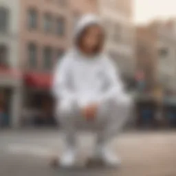 Skater showcasing a cute white hoodie in an urban environment