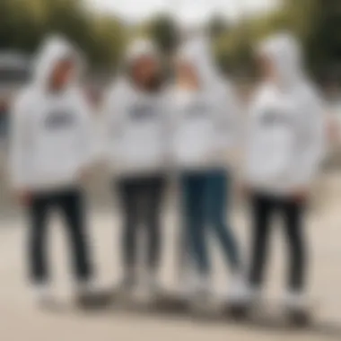 Group of skaters in cute white hoodies bonding at a skate park