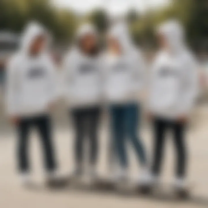 Group of skaters in cute white hoodies bonding at a skate park