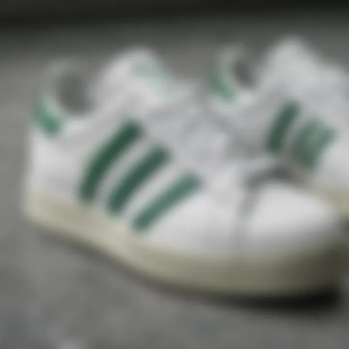 Close-up of the creative design elements of white Adidas shoes