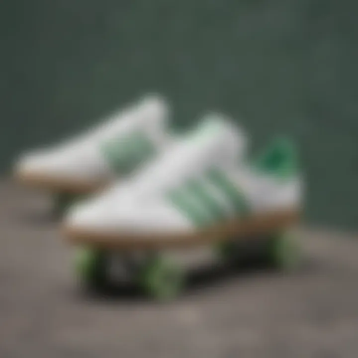 Stylish pair of white Adidas featuring green accents on a skateboard