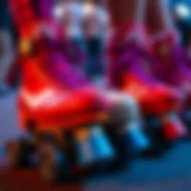 A close-up view of rhythm roller skates showcasing their unique design and vibrant colors.