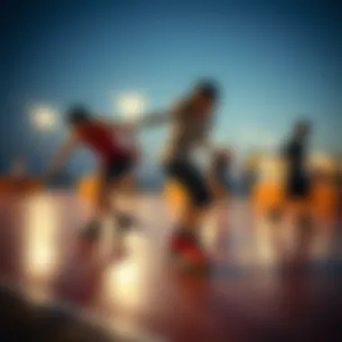 A dynamic performance scene featuring skaters showcasing rhythm and style on roller skates.