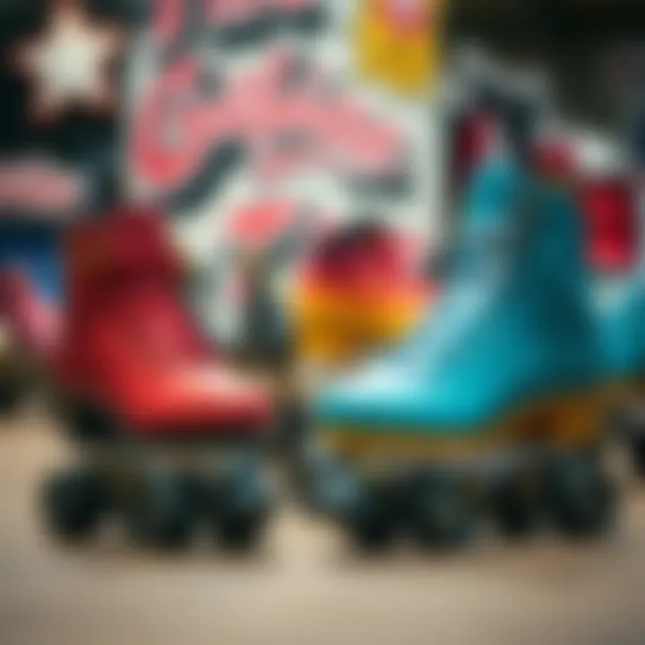 An assortment of rhythm roller skates displaying various styles and modifications.