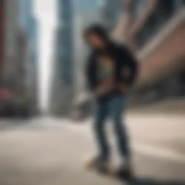 An urban backdrop featuring a skateboarder showcasing their graphic hoodie