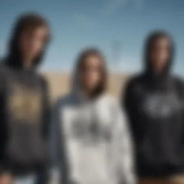 A group of skateboarders wearing signature hoodies showcasing unique designs