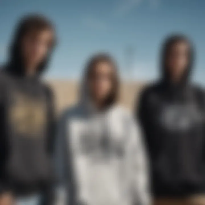 A group of skateboarders wearing signature hoodies showcasing unique designs