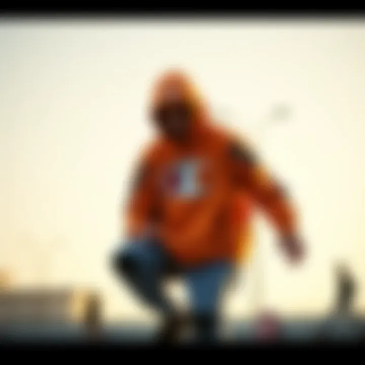 Artistic representation of the Big C Champion sweatshirt in a skateboarding context