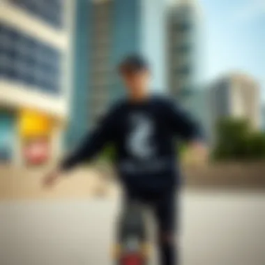 A skateboarder wearing the Big C Champion sweatshirt in an urban setting
