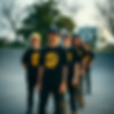 Group of skateboarders at a skate park with black and yellow tees