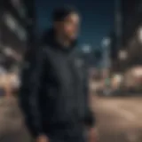 Stylish presentation of the black Nike jacket against an urban backdrop