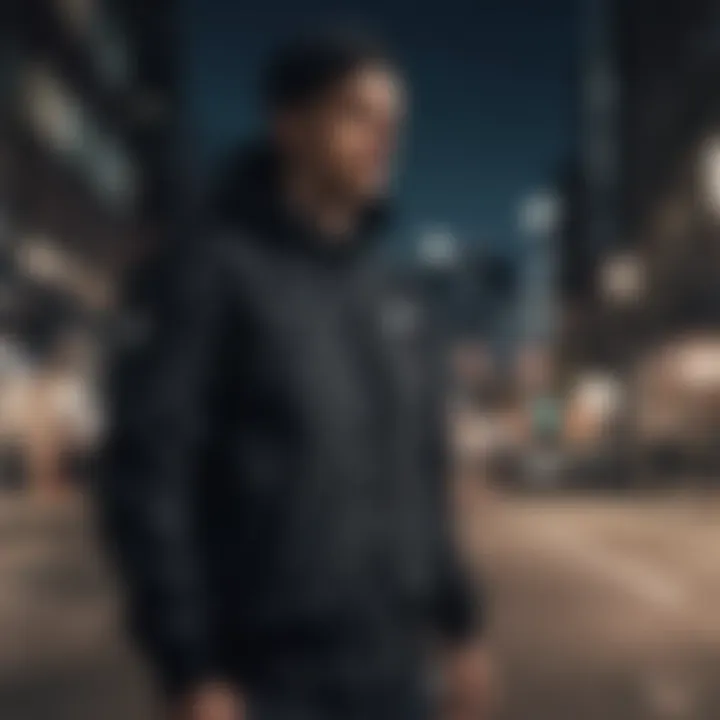 Stylish presentation of the black Nike jacket against an urban backdrop