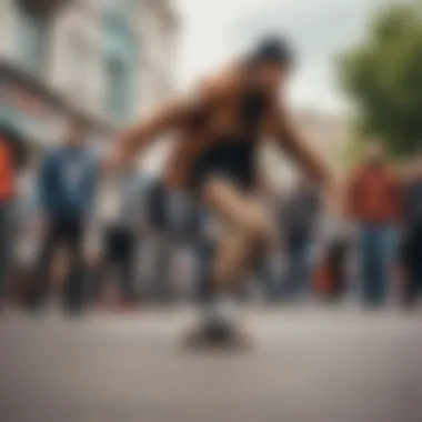 A diverse group of skaters showcasing the Brixton jacket in action