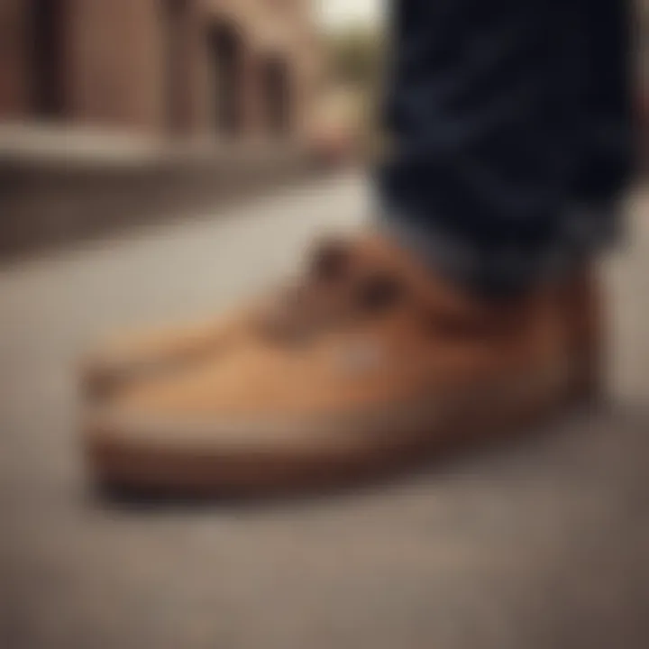 A vintage photograph capturing the essence of skater culture with brown Vans.