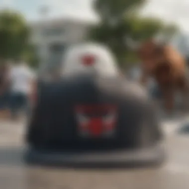 A group of skateboarders wearing Bulls trucker hats at a skate park.