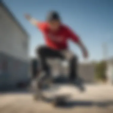 A skateboarder performing a trick while wearing a Bulls trucker hat.