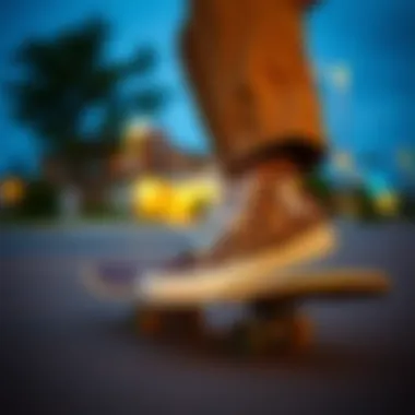 Skateboarder performing tricks in animal print Converse shoes