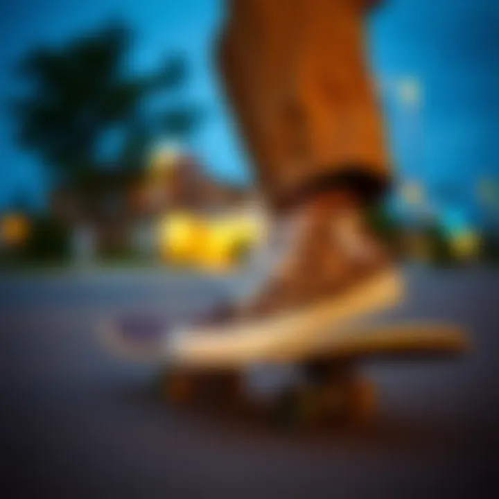 Skateboarder performing tricks in animal print Converse shoes