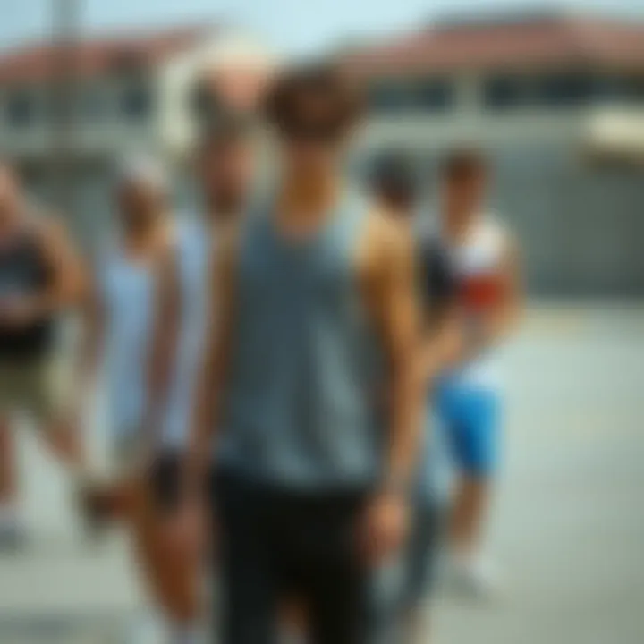 A group of skateboarders wearing trendy tank tops, displaying individual styles
