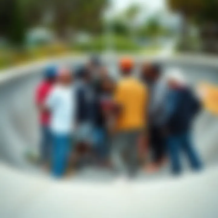 A diverse group of skaters gathering in a bowl, showcasing community spirit