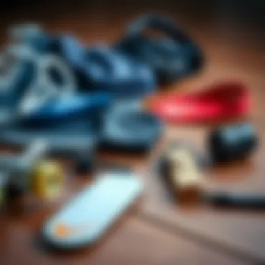 Close-up of essential skateboarding gear laid out on a wooden surface