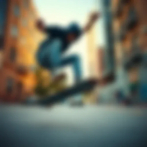 Urban Skateboarding Mastery Dynamic action shot of a skateboarder performing a trick in an urban setting