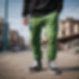 Stylish green sweatpants showcased in an urban setting